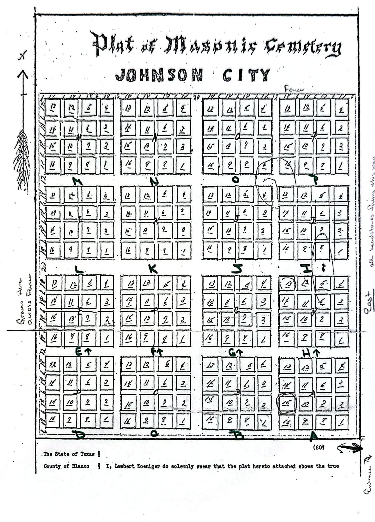 Hand-drawn 1894 plat: sixteen blocks lettered A to P, each of sixteen numbered lots, with north at the top and the entrance at lower right.