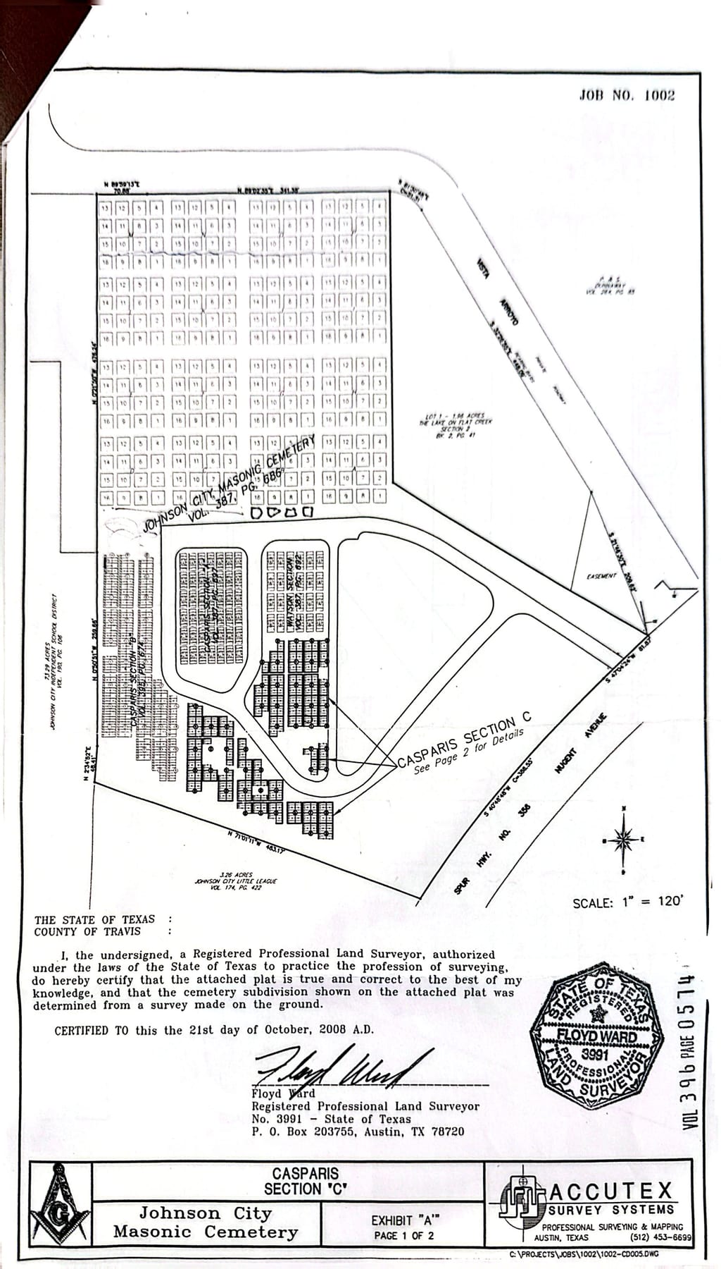 Survey overview of the entire cemetery tract showing all sections, the driveway loop, Vista Arroyo, and Spur 356.